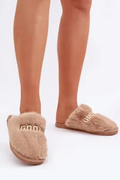 New Boto Kapcie Damskie Z Futerkiem I Napisem Brązowe Kalelia Brązowy