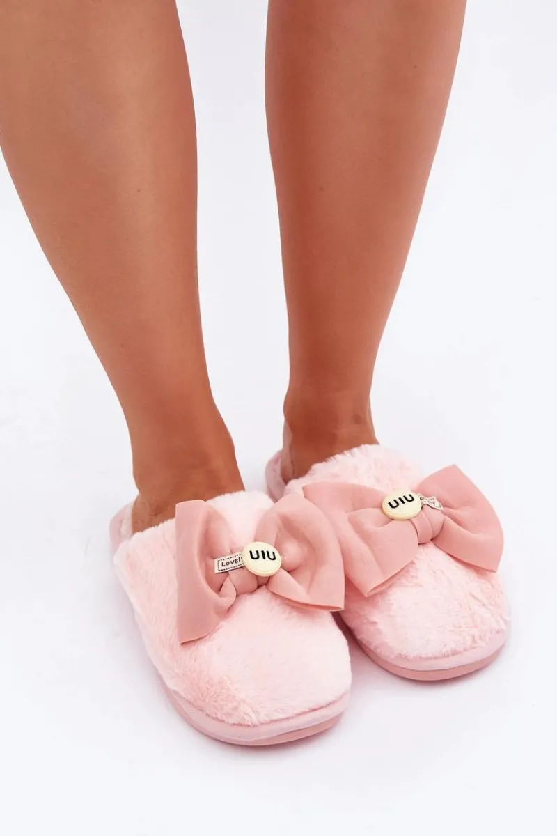 Outlet Boto Kapcie Damskie Z Futerkiem I Kokardą Różowe Olfedi Różowy