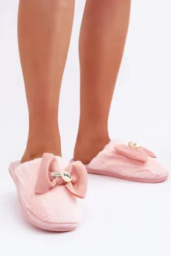 Outlet Boto Kapcie Damskie Z Futerkiem I Kokardą Różowe Olfedi Różowy