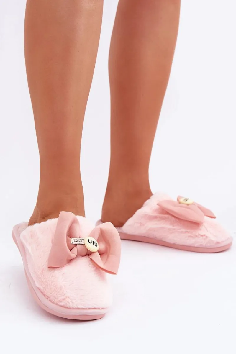 Outlet Boto Kapcie Damskie Z Futerkiem I Kokardą Różowe Olfedi Różowy