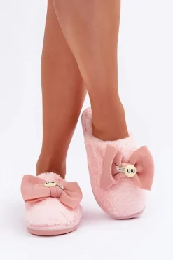 Outlet Boto Kapcie Damskie Z Futerkiem I Kokardą Różowe Olfedi Różowy