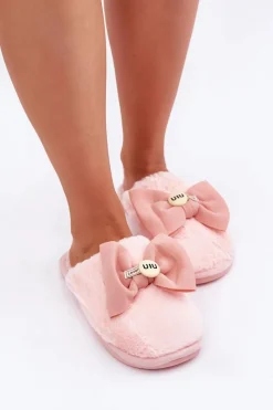 Outlet Boto Kapcie Damskie Z Futerkiem I Kokardą Różowe Olfedi Różowy