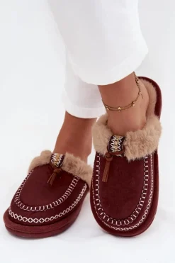 New Kapcie Damskie Z Futerkiem I Haftem Bordowe Perivelle Damskie Kapcie Klasyczne|Klapki Z Futerkiem
