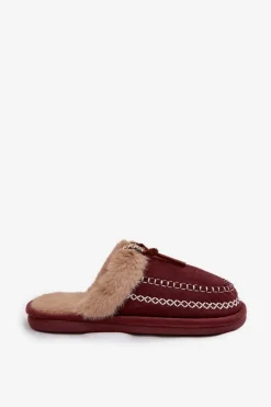 New Kapcie Damskie Z Futerkiem I Haftem Bordowe Perivelle Damskie Kapcie Klasyczne|Klapki Z Futerkiem