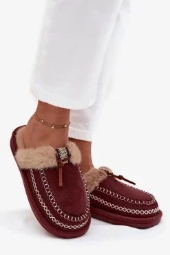New Kapcie Damskie Z Futerkiem I Haftem Bordowe Perivelle Damskie Kapcie Klasyczne|Klapki Z Futerkiem