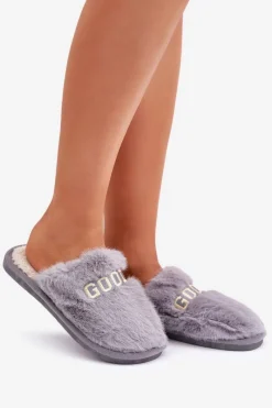 Kapcie Klasyczne|Klapki Z Futerkiem></noscript>Boto Kapcie Damskie Z Futerkiem I Napisem Szare Kalelia Szary