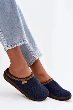 Online INBLU Kapcie Damskie Z Haftem NL000009 Granatowe Niebieski