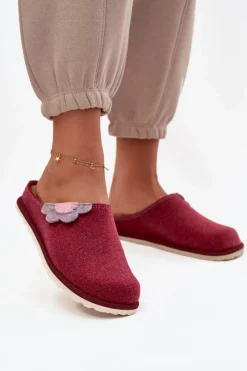 Hot Kapcie Damskie Z Kwiatkiem CS000043 Bordowe Damskie Kapcie Klasyczne|Klapki Damskie Klasyczne
