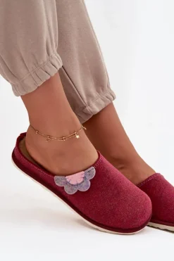 Hot Kapcie Damskie Z Kwiatkiem CS000043 Bordowe Damskie Kapcie Klasyczne|Klapki Damskie Klasyczne