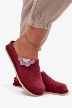 Hot Kapcie Damskie Z Kwiatkiem CS000043 Bordowe Damskie Kapcie Klasyczne|Klapki Damskie Klasyczne