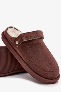 Best Boto Kapcie Damskie Z Paskiem Ocieplane Futerkiem Czekoladowe Rilena Brązowy