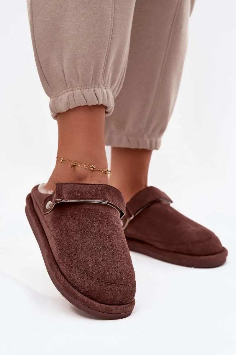 Best Boto Kapcie Damskie Z Paskiem Ocieplane Futerkiem Czekoladowe Rilena Brązowy