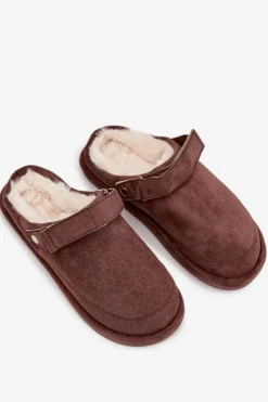 Best Boto Kapcie Damskie Z Paskiem Ocieplane Futerkiem Czekoladowe Rilena Brązowy