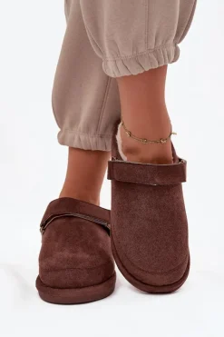 Best Boto Kapcie Damskie Z Paskiem Ocieplane Futerkiem Czekoladowe Rilena Brązowy
