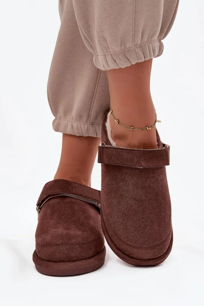 Best Boto Kapcie Damskie Z Paskiem Ocieplane Futerkiem Czekoladowe Rilena Brązowy