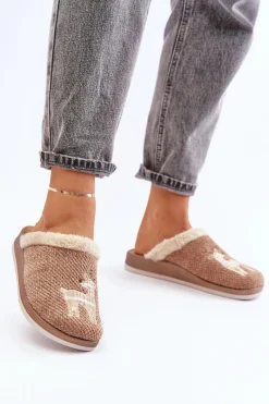 Hot INBLU Kapcie Damskie Z Reniferem I Futerkiem CT000034 Beżowe Beżowy