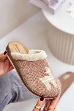 Hot INBLU Kapcie Damskie Z Reniferem I Futerkiem CT000034 Beżowe Beżowy