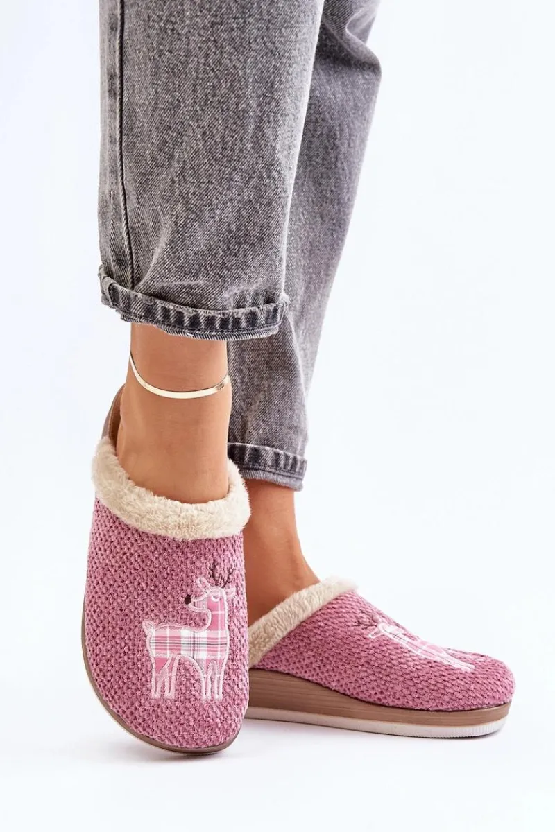 Kapcie Klasyczne|Klapki Damskie Klasyczne>INBLU Kapcie Damskie Z Reniferem I Futerkiem CT000034 Różowe Różowy