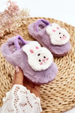 Outlet Kapcie Dziecięce Futrzane Króliczek Fioletowe Dicera Dzieci Dziewczęce
