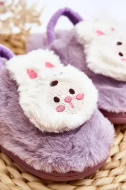Outlet Kapcie Dziecięce Futrzane Króliczek Fioletowe Dicera Dzieci Dziewczęce