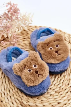 Kapcie Dziecięce Futrzane Z Misiem Niebieskie Dicera Dzieci Dziewczęce