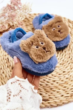 Kapcie Dziecięce Futrzane Z Misiem Niebieskie Dicera Dzieci Dziewczęce