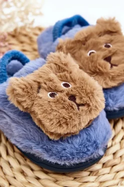 Kapcie Dziecięce Futrzane Z Misiem Niebieskie Dicera Dzieci Dziewczęce