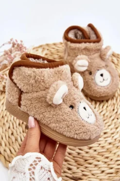 Online Boto Kapcie Dziecięce Ocieplane Z Misiem Beżowe Eberra Beżowy