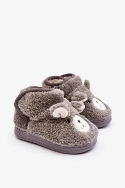 Clearance Kapcie Dziecięce Ocieplane Z Misiem Szare Eberra Dzieci Dziewczęce|Back To School