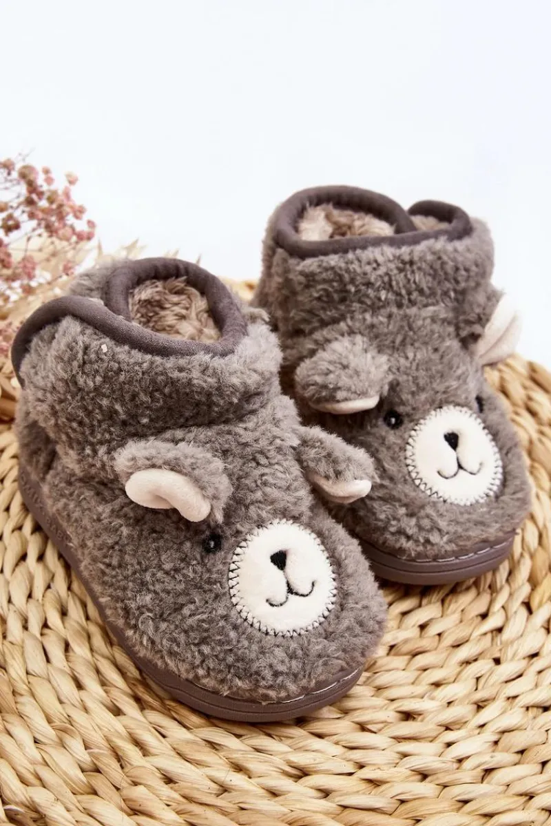 Clearance Kapcie Dziecięce Ocieplane Z Misiem Szare Eberra Dzieci Dziewczęce|Back To School