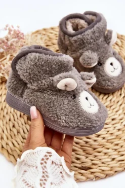 Clearance Kapcie Dziecięce Ocieplane Z Misiem Szare Eberra Dzieci Dziewczęce|Back To School