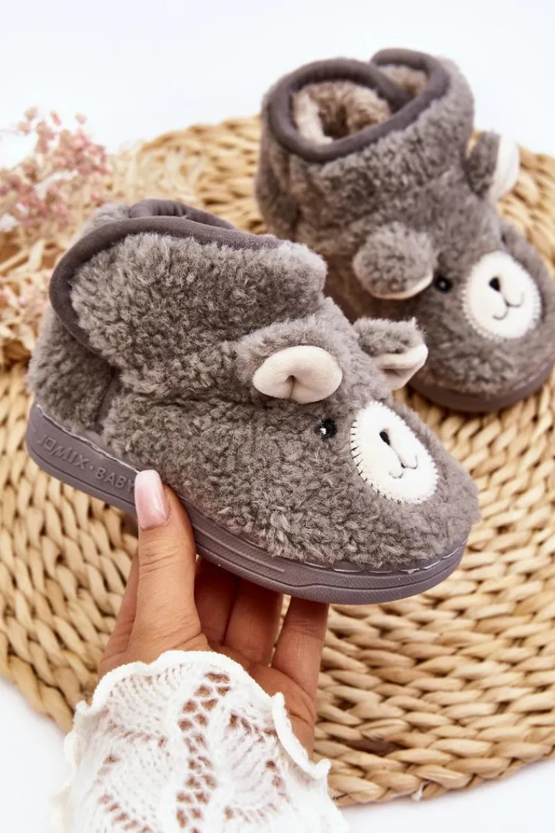 Clearance Kapcie Dziecięce Ocieplane Z Misiem Szare Eberra Dzieci Dziewczęce|Back To School