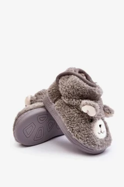 Clearance Kapcie Dziecięce Ocieplane Z Misiem Szare Eberra Dzieci Dziewczęce|Back To School
