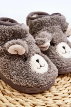 Clearance Kapcie Dziecięce Ocieplane Z Misiem Szare Eberra Dzieci Dziewczęce|Back To School