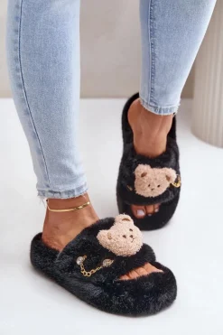 Clearance Boto Kapcie Futrzane Damskie Z Misiem I Ozdobnymi Elementami Czarne Innalise