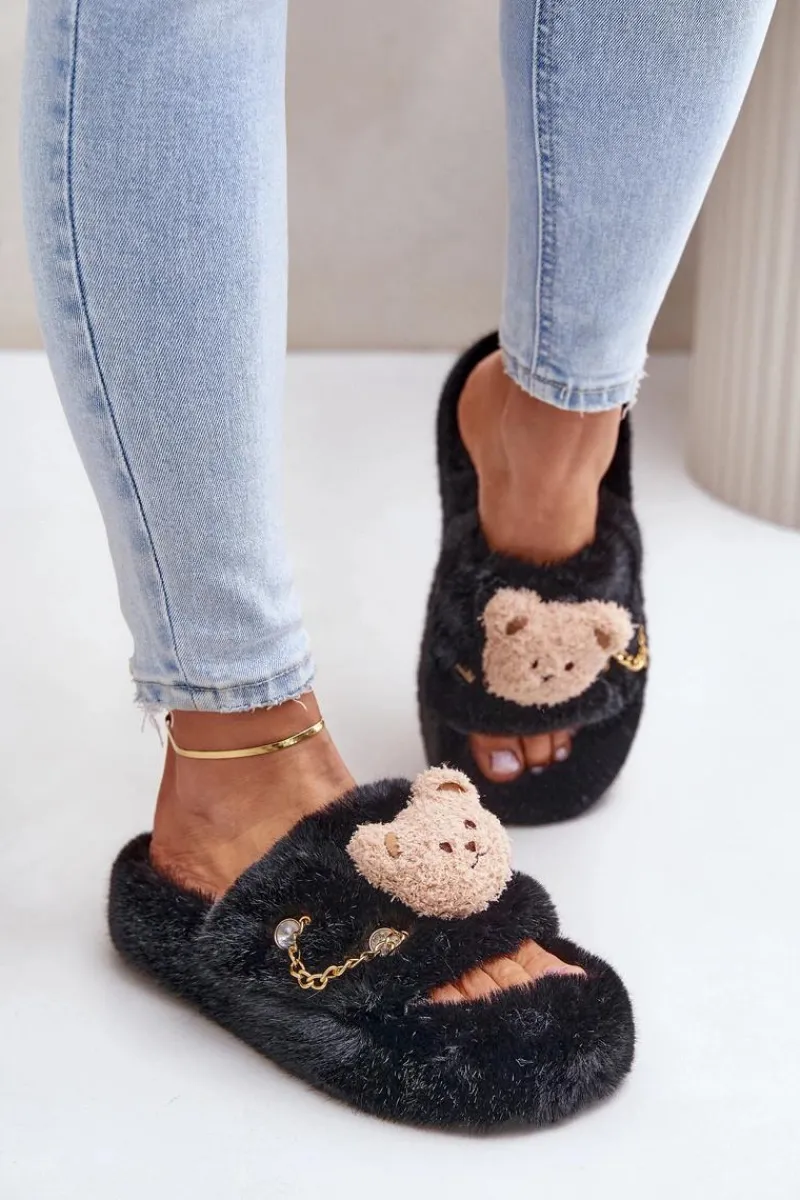 Clearance Boto Kapcie Futrzane Damskie Z Misiem I Ozdobnymi Elementami Czarne Innalise