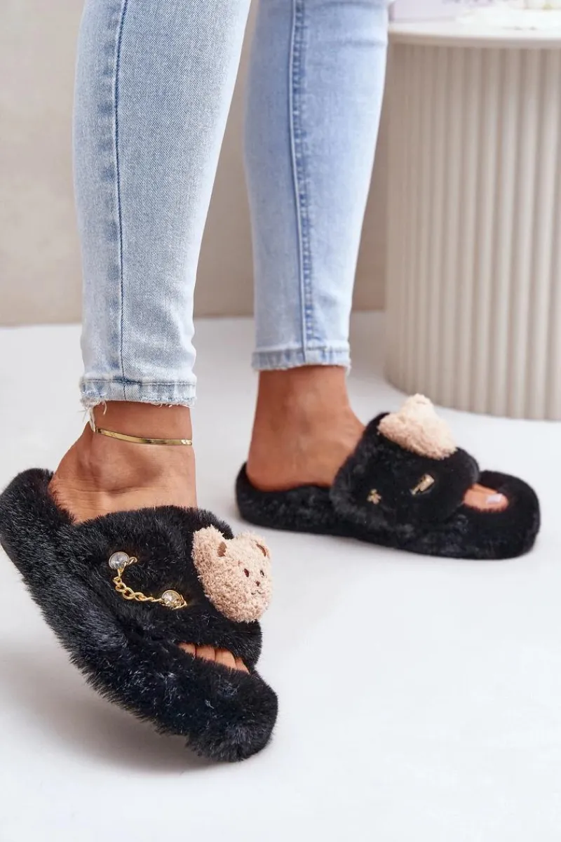 Clearance Boto Kapcie Futrzane Damskie Z Misiem I Ozdobnymi Elementami Czarne Innalise