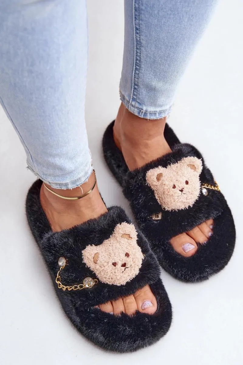 Clearance Boto Kapcie Futrzane Damskie Z Misiem I Ozdobnymi Elementami Czarne Innalise