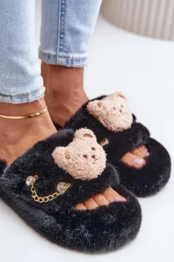 Clearance Boto Kapcie Futrzane Damskie Z Misiem I Ozdobnymi Elementami Czarne Innalise