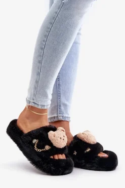 Clearance Boto Kapcie Futrzane Damskie Z Misiem I Ozdobnymi Elementami Czarne Innalise