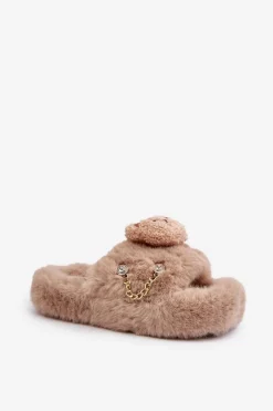 Boto Kapcie Futrzane Damskie Z Misiem I Ozdobnymi Elementami Beżowe Innalise