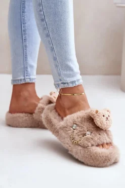 Boto Kapcie Futrzane Damskie Z Misiem I Ozdobnymi Elementami Beżowe Innalise