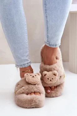 Boto Kapcie Futrzane Damskie Z Misiem I Ozdobnymi Elementami Beżowe Innalise