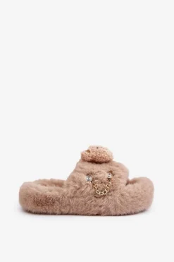Boto Kapcie Futrzane Damskie Z Misiem I Ozdobnymi Elementami Beżowe Innalise