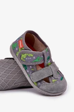 Dziewczęce|Back To School></noscript>Milami Kapcie Dziecięce Na Rzepy W Dinozaury Szaro-Zielone Reathiana Szary