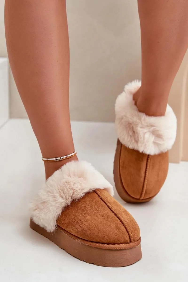 Discount Boto Kapcie Śniegowce Damskie Na Grubej Podeszwie Z Futerkiem Camel Doriola Brązowy