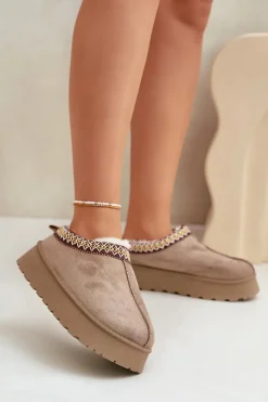 Best Kapcie Śniegowce Na Platformie Z Haftem Ciemnobeżowe Tamilda Damskie Śniegowce Damskie|Kapcie Klasyczne