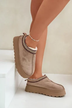 Best Kapcie Śniegowce Na Platformie Z Haftem Ciemnobeżowe Tamilda Damskie Śniegowce Damskie|Kapcie Klasyczne