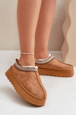 Hot Boto Kapcie Śniegowce Na Platformie Z Haftem Camel Tamilda