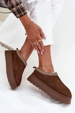 Discount Boto Kapcie Śniegowce Na Platformie Z Haftem Brązowe Tamilda